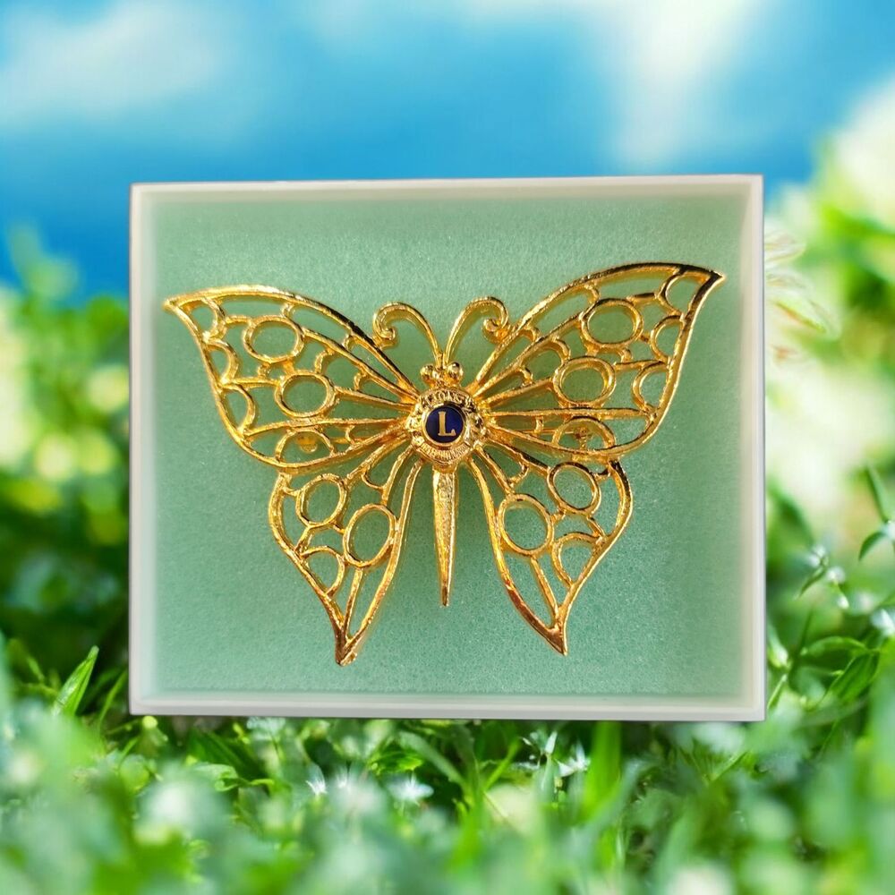 Lions Club International Butterfly Brooch Pin Gold Tone Blue Enamel Openwork 2.5